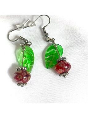 Reimagined Cherry Glass Bead Dangle Drop Hook Earrings